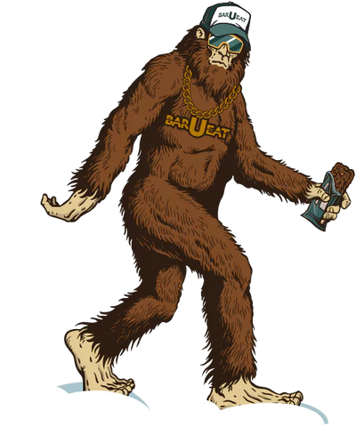 Characakture of Sasquatch rocking the Bar-U-Eat hat, and eating a granola bar