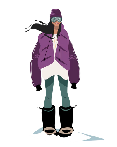 Characakture of woman in snow gear standing on a mogle