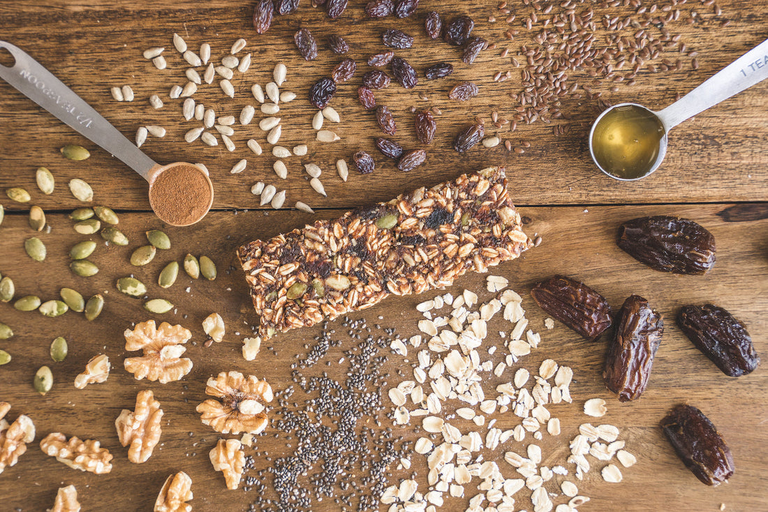 Bar u eat energy bar with high fiber ingredients around it