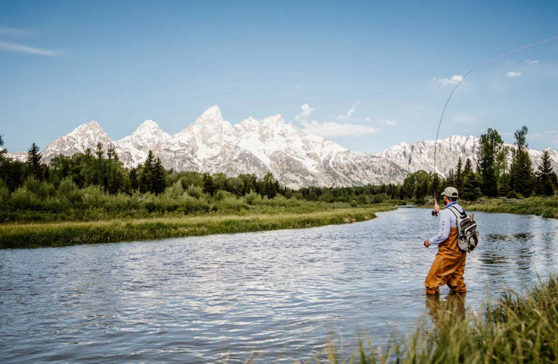 Man fishing with the tetons in the background