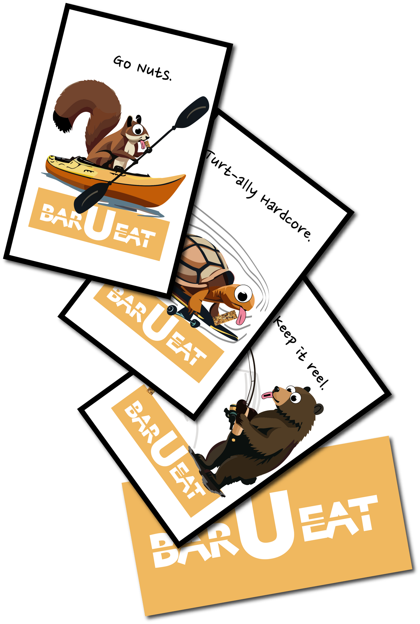 Variety pack of stickers. Squirrel kayaking, turtle skateboarding, bear fishing