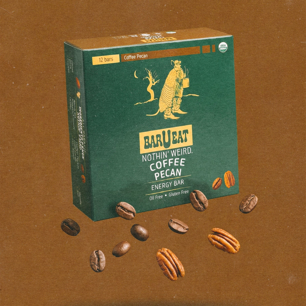 Barueat Coffee Pecan energy bar packaging on a brown background 12ct box