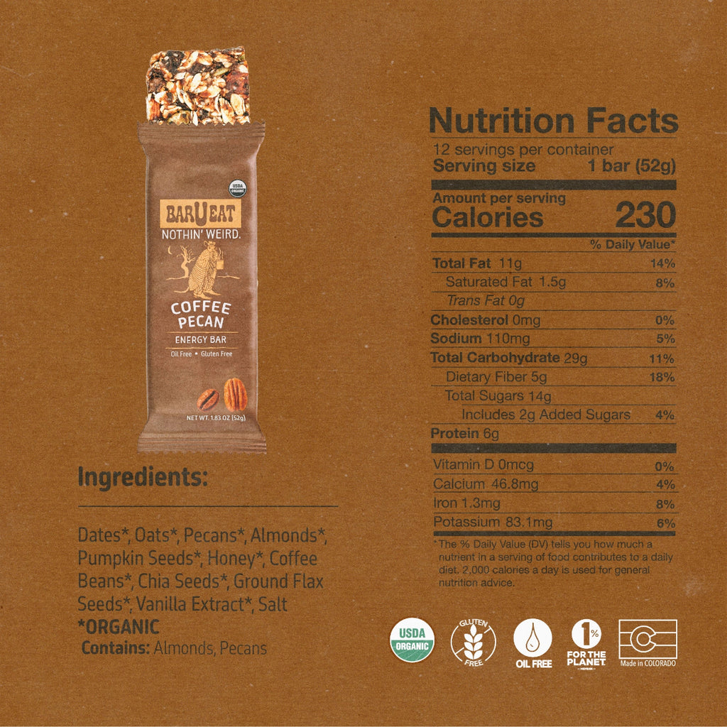 Barueat coffee pecan energy bar packaging with nutrition facts and ingredients on a brown background