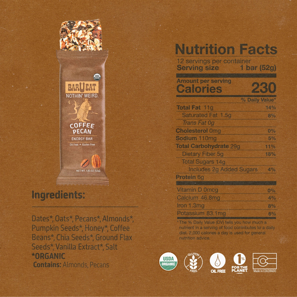Barueat coffee pecan energy bar packaging with nutrition facts and ingredients on a brown background