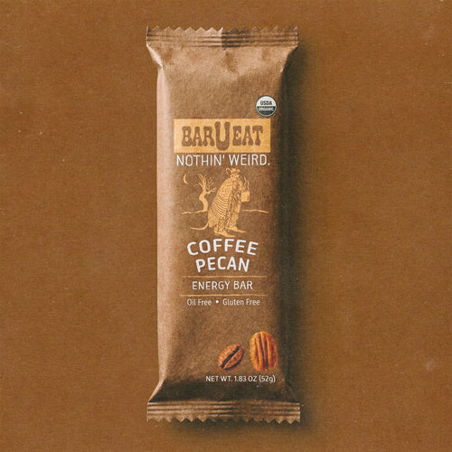 Barueat Coffee Pecan energy bar packaging on a brown background