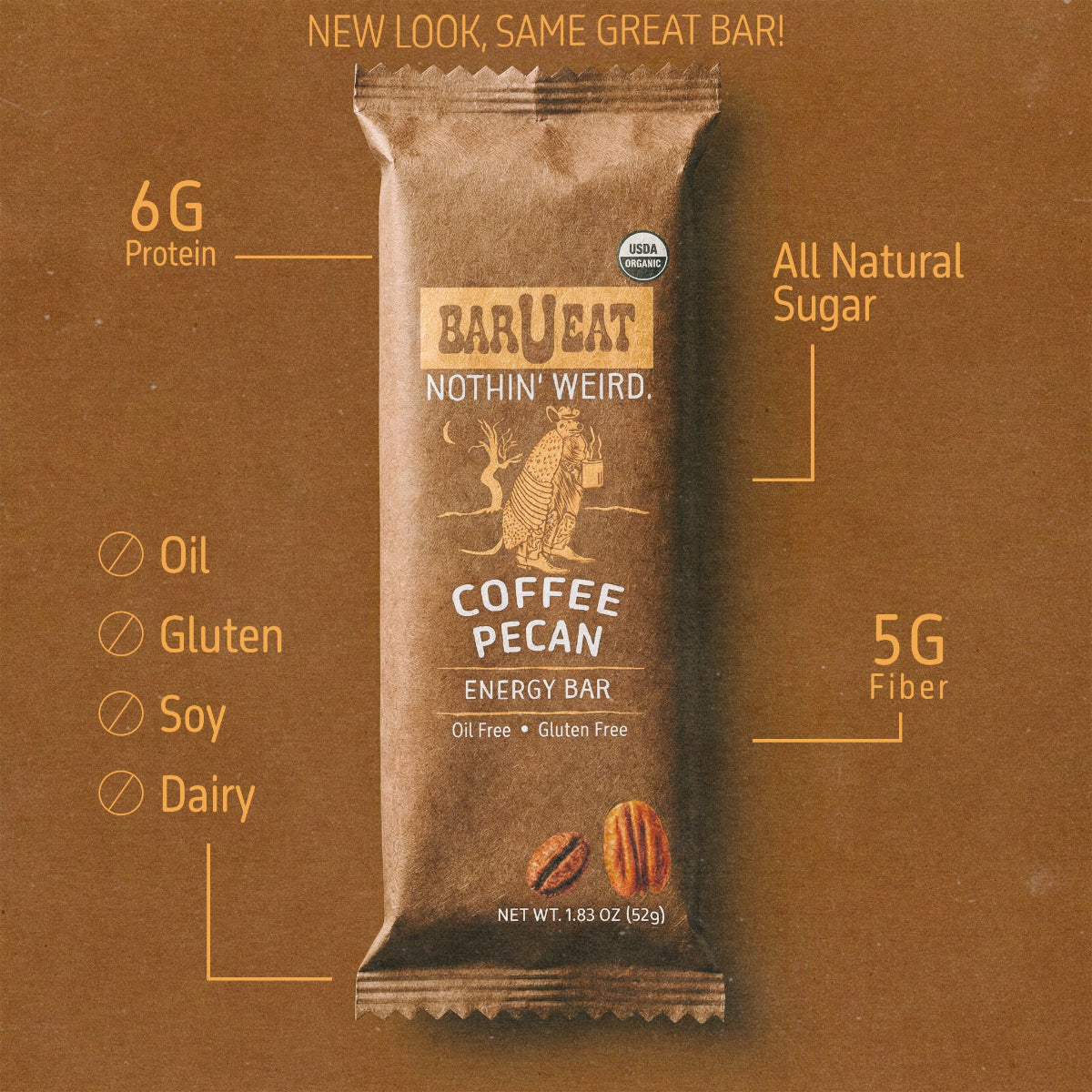 Coffee Pecan energy bar packaging with nutritional information on a brown background high fiber