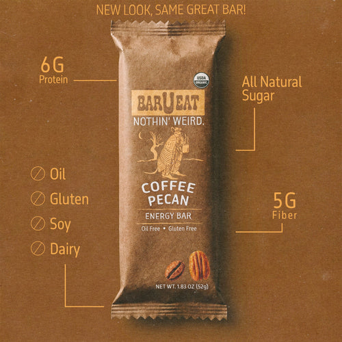 Coffee Pecan energy bar packaging with nutritional information on a brown background high fiber