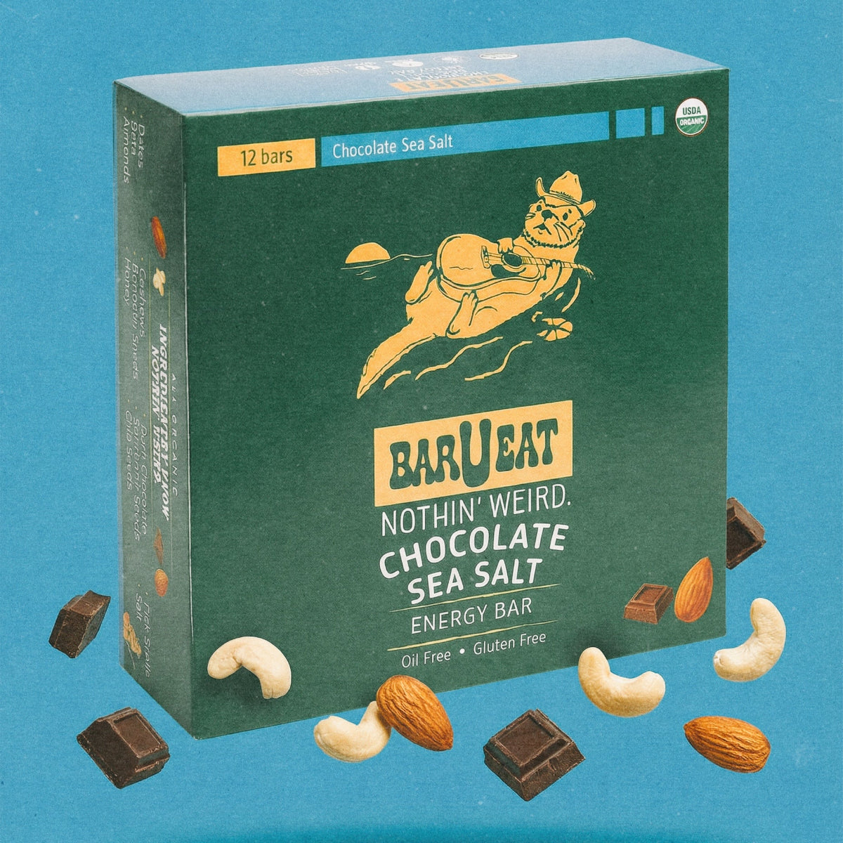 Box of Barueat chocolate sea salt energy bars on a blue background