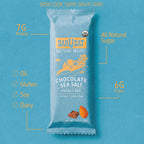 Chocolate sea salt energy bar packaging with nutritional information on a blue background