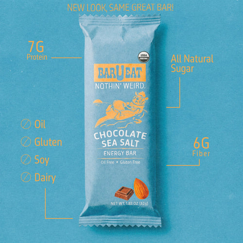 Chocolate sea salt energy bar packaging with nutritional information on a blue background