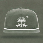 Grey and white ball cap with western horses, palm tree, and ufo stitched on it.