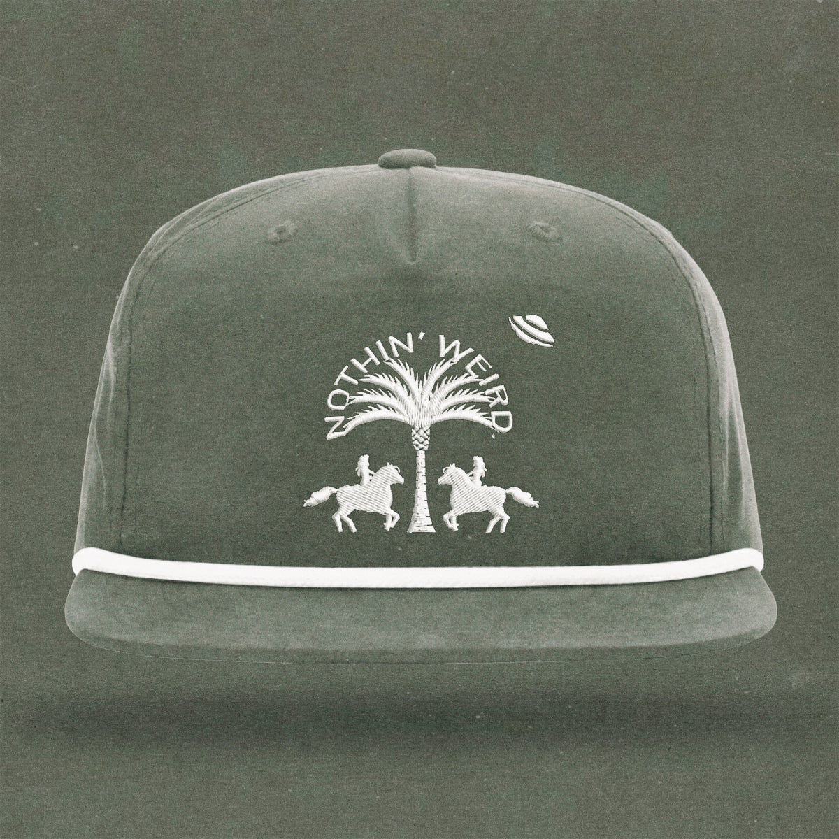 Grey and white ball cap with western horses, palm tree, and ufo stitched on it.