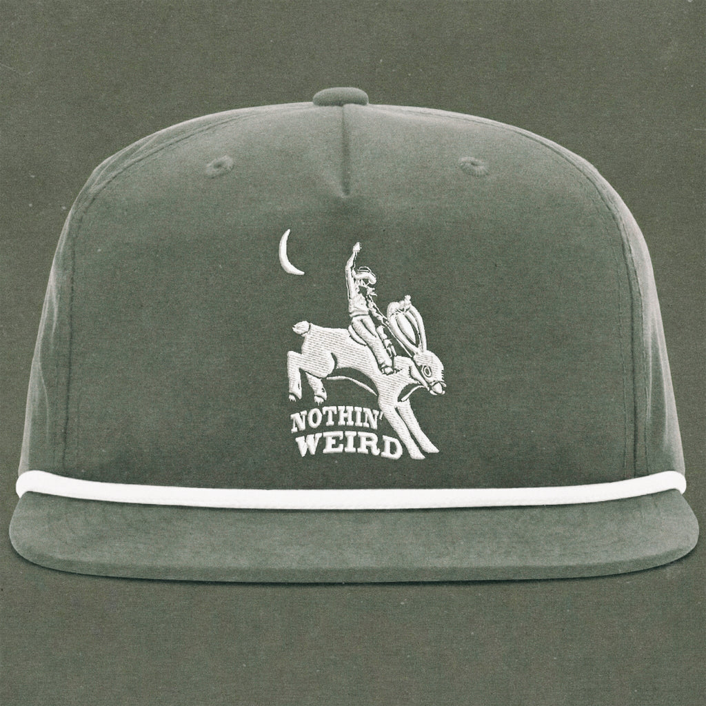 grey and white hat with a cowboy riding a bunny rabbit