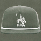 grey and white hat with a cowboy riding a bunny rabbit