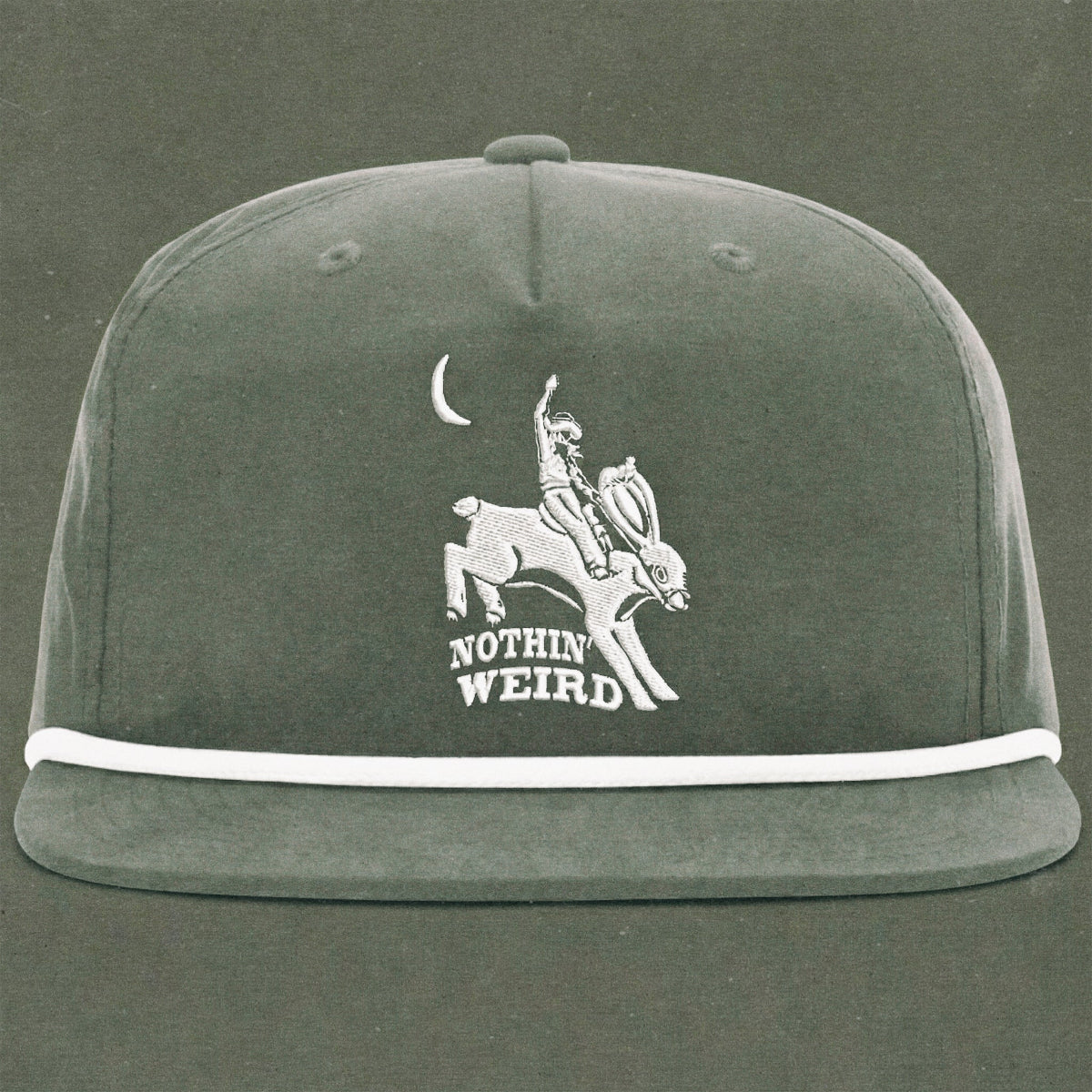 grey and white hat with a cowboy riding a bunny rabbit