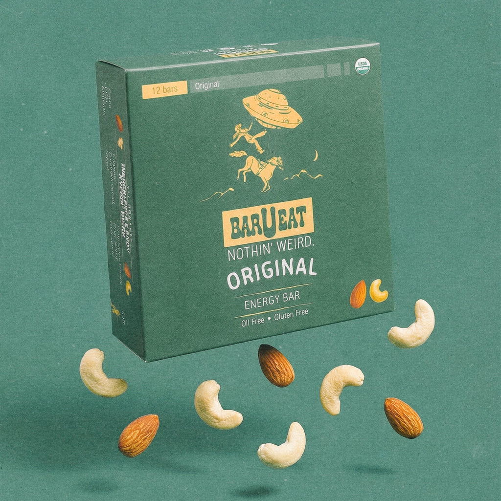 Green box of Barueat original energy bars with nuts on a teal background