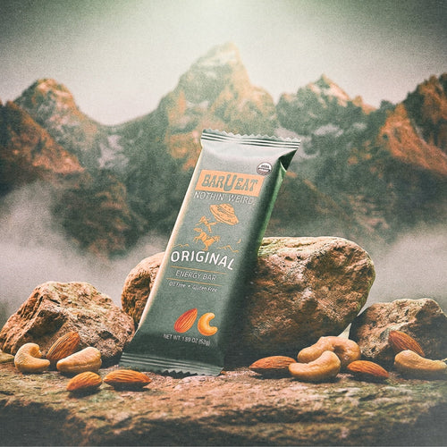 BarBeat original energy bar with almonds and cashews on a rock with mountain background