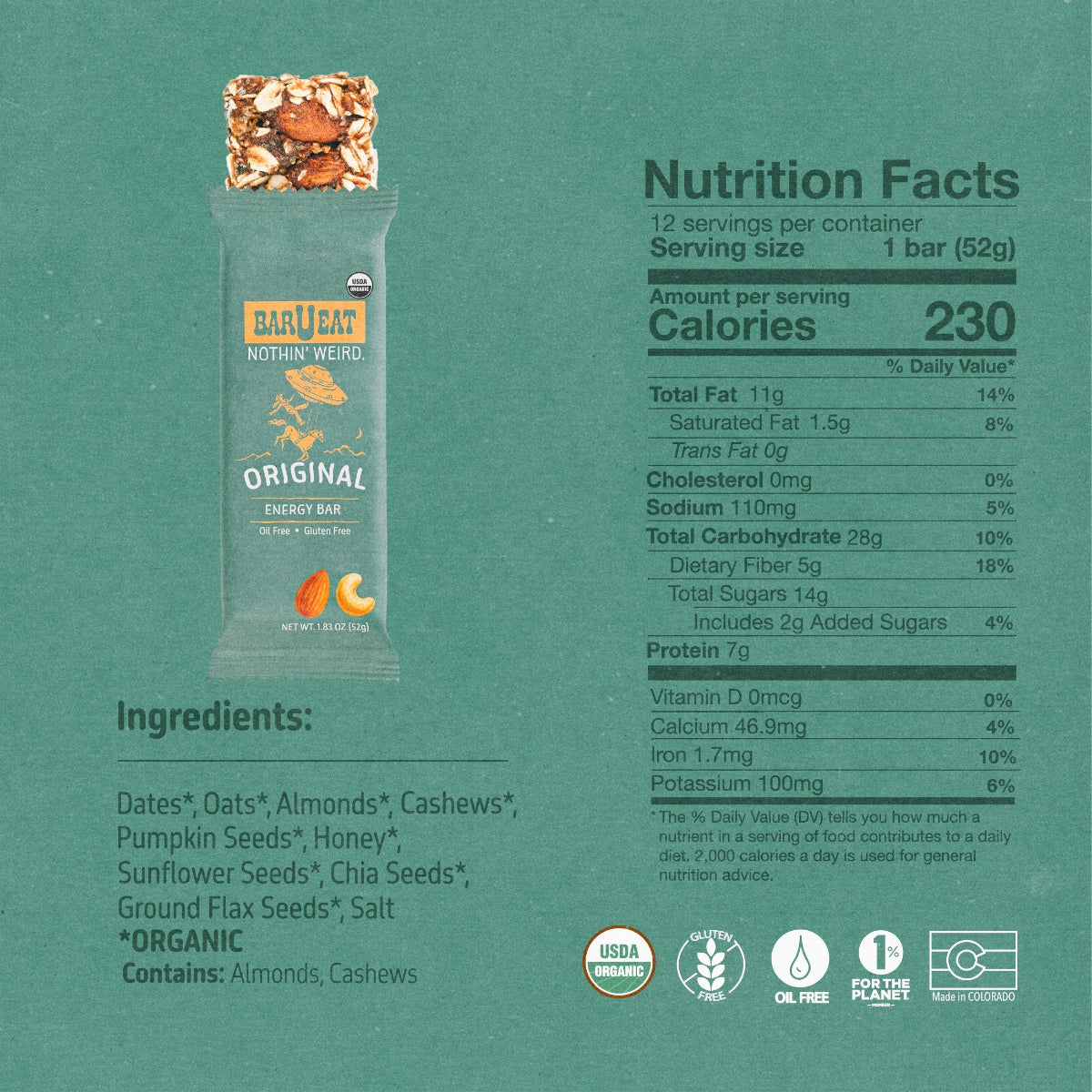 Barueat original energy bar packaging with nutrition facts and ingredients on a green background