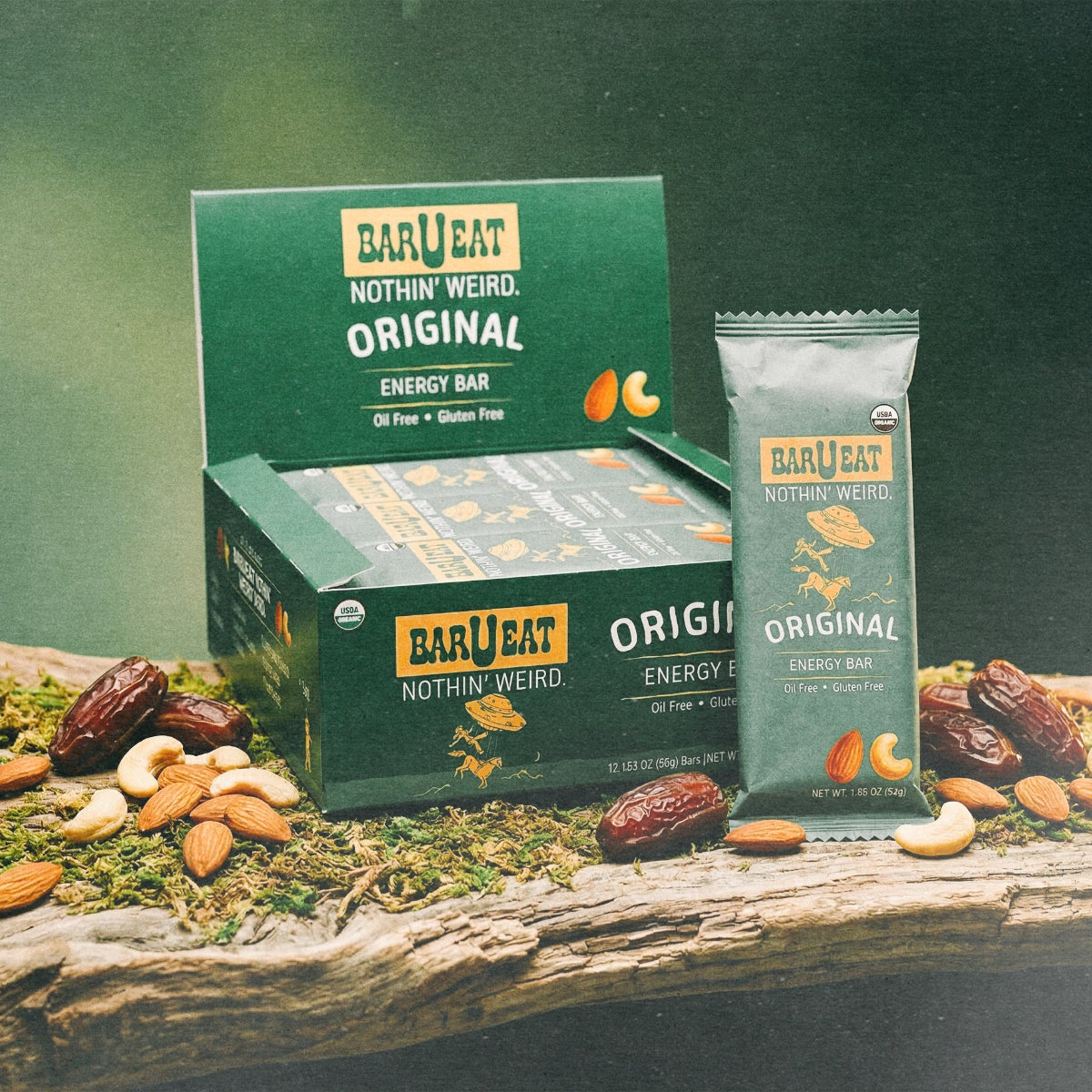 BARUEAT Nothin' Weird Original energy bars on a wooden surface with ingredients.