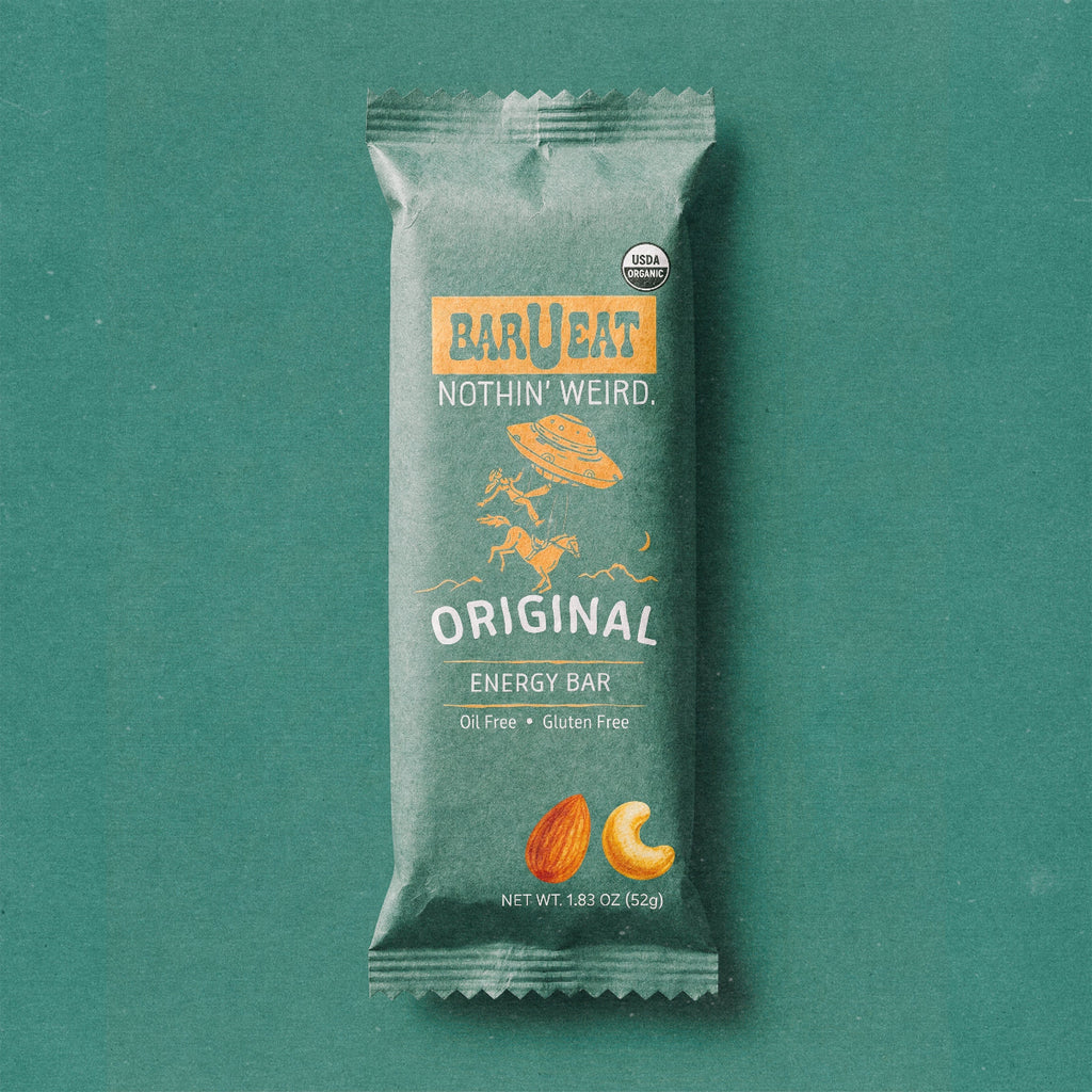Barueat original energy bar packaging on a teal background 