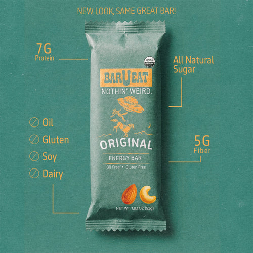 Barqéat energy bar packaging on a teal background with nutritional information.