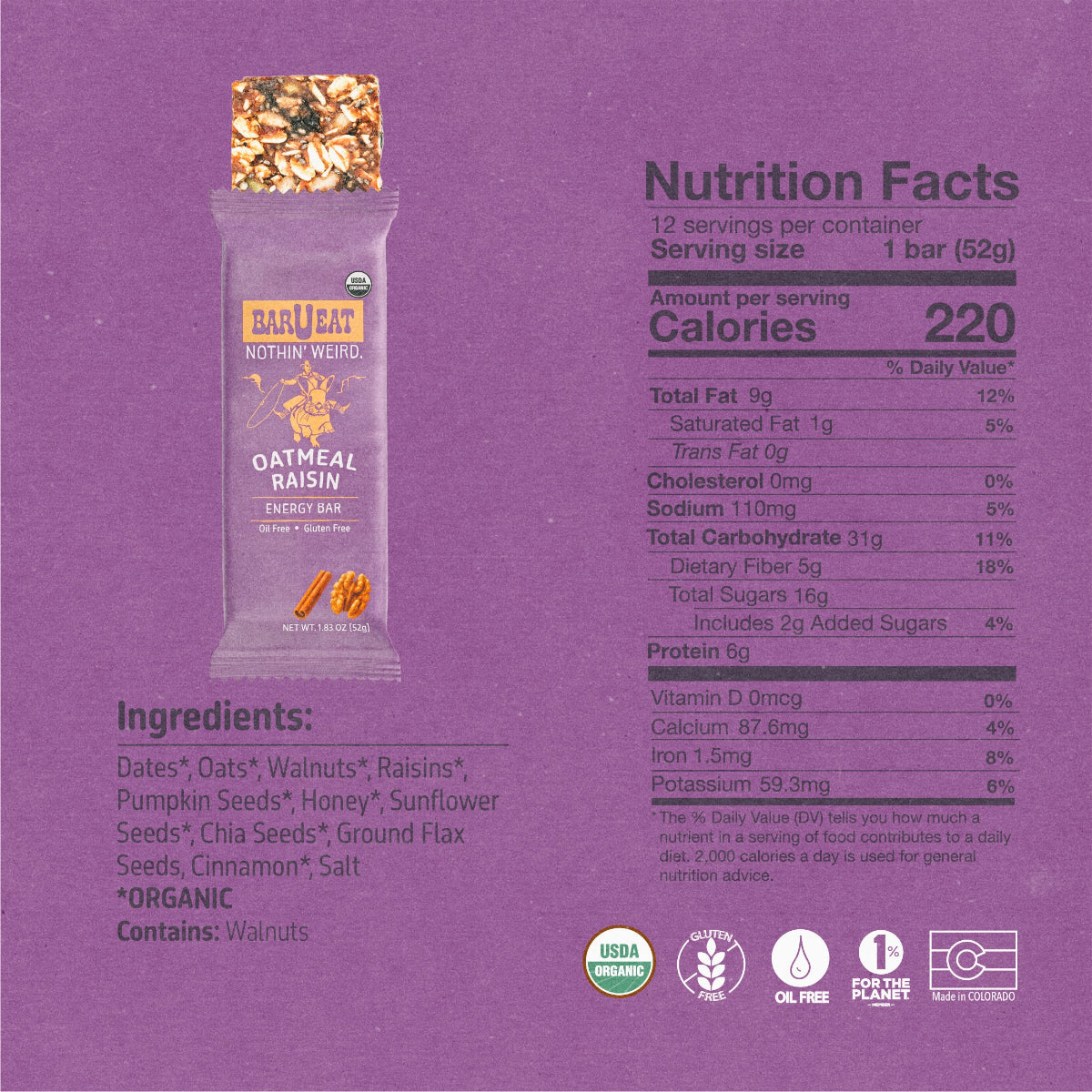 barueat oatmeal raisin energy bar nutrition facts