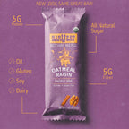 Oatmeal Raisin energy bar packaging with nutritional information on a purple background high fiber