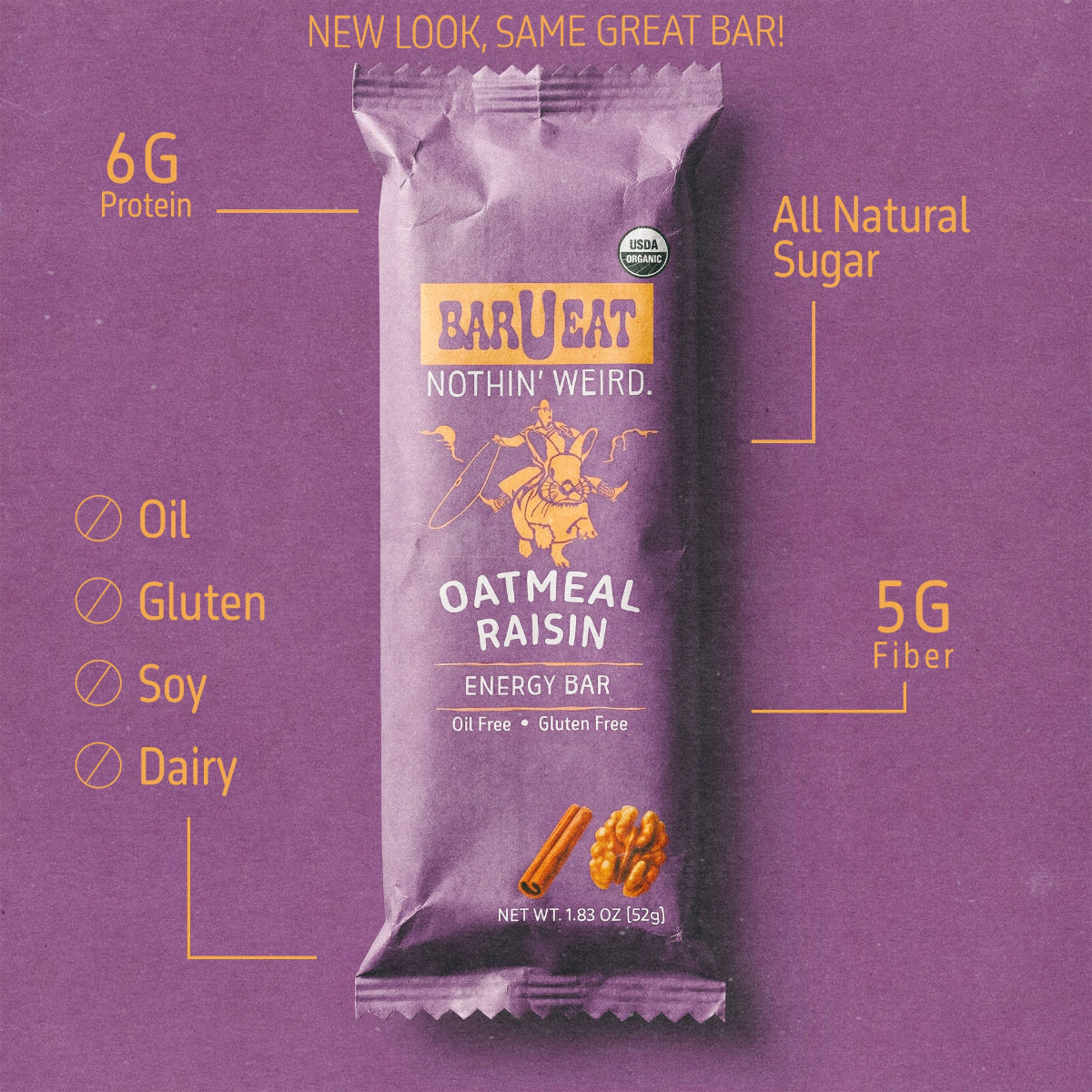 Oatmeal Raisin energy bar packaging with nutritional information on a purple background high fiber