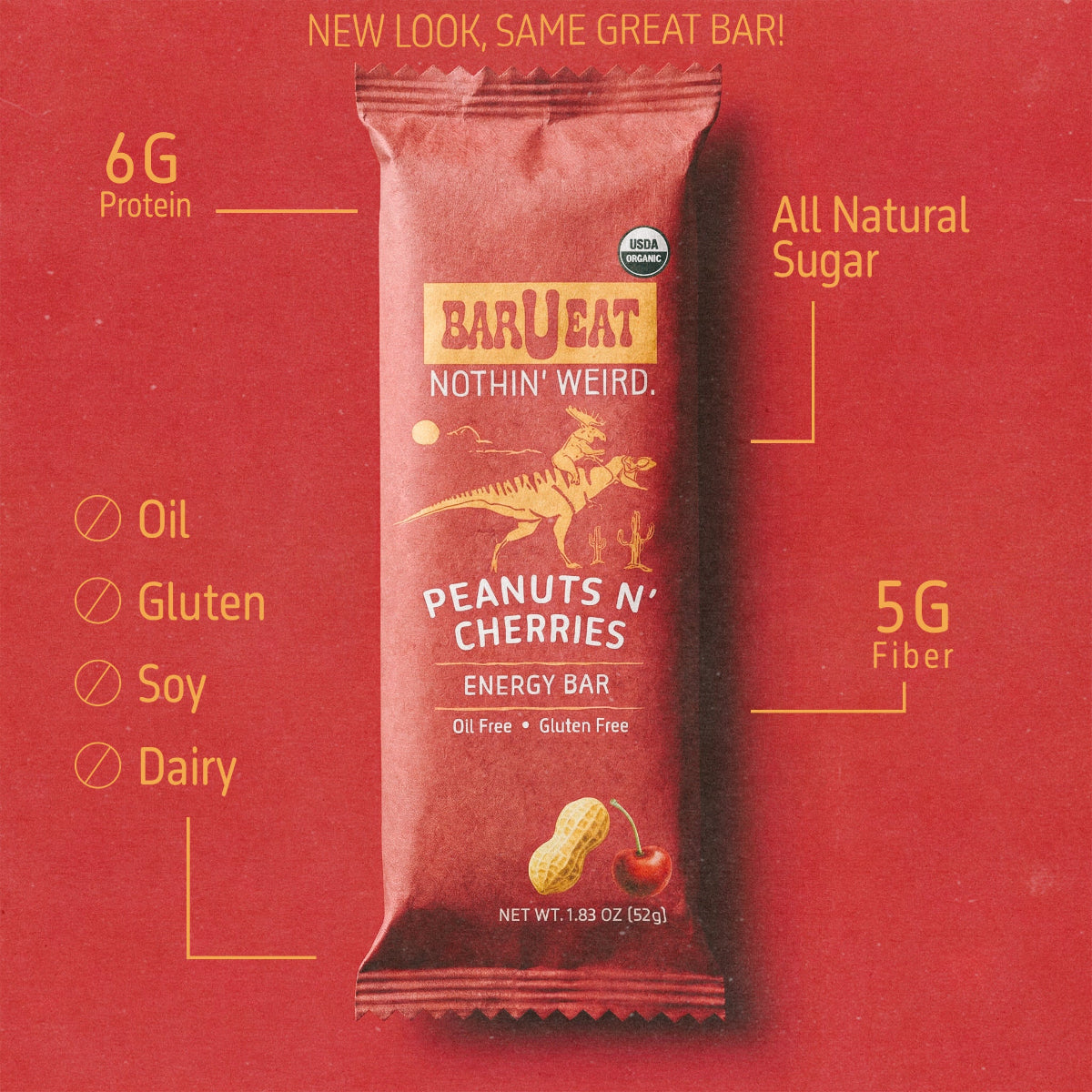 Barueat Peanuts N' Cherries energy bar packaging on a red background with nutritional information.