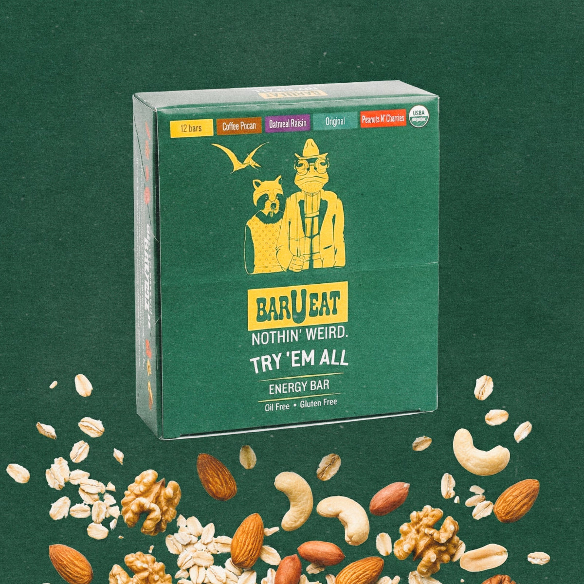 Green box of Barueat energy bars with various nuts and seeds on a green background/ American Gothic painting inspired drawing