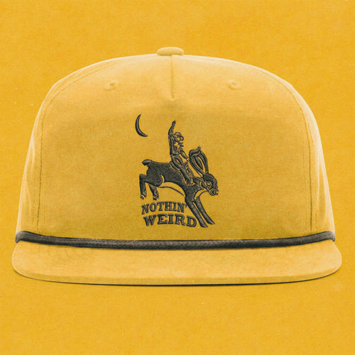 Mustard yellow and black hat with a cowboy riding a bunny rabbit. Funny western hat.