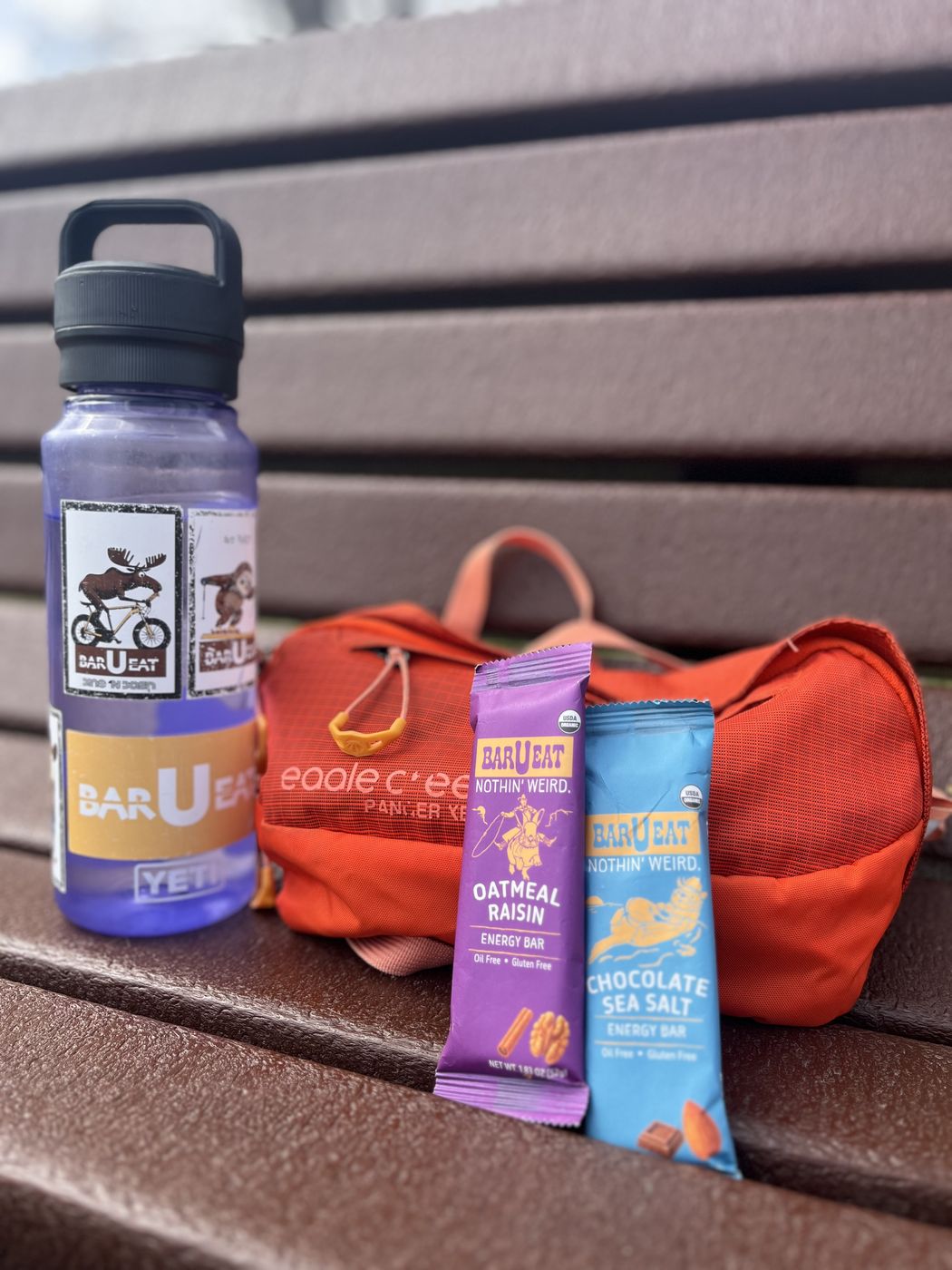 A kid's water bottle with a Bar U Eat sticker, an orange lunch bag, and Oatmeal Raisin and Chocolate Sea Salt bars on a park bench