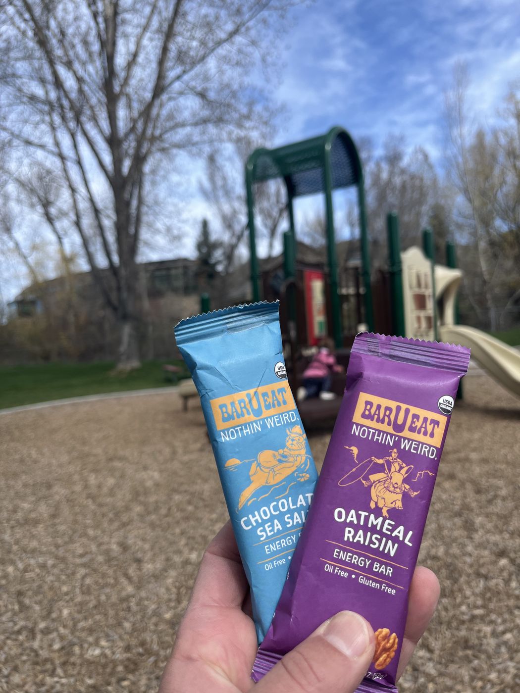 A parent's hand holding an Oatmeal Raisin and a Chocolate Sea Salt bar in front of a playground