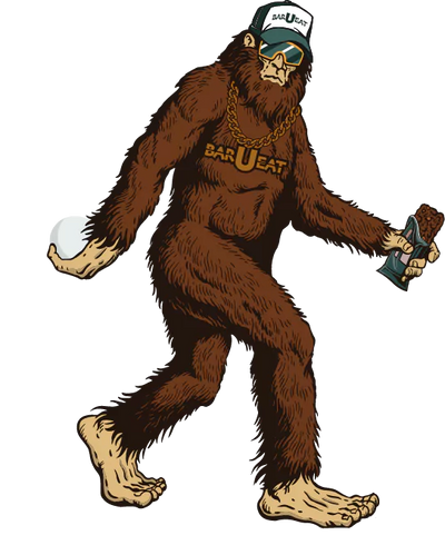 Sasquatch walking with a bar u eat in his hand