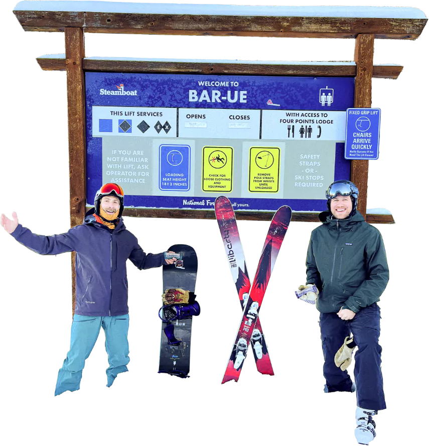 Founders Sam and Jason standing in front of ski Steamboat Bar-UE