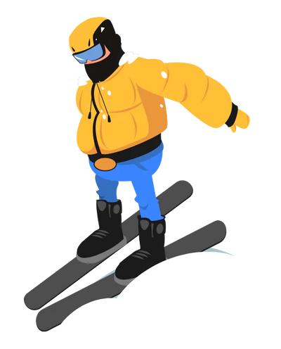 Character of person in puffy jacket ski-ing in 'pizza' formation